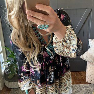 New Black Floral Flowy Chiffon Peasant Boho Top Blouse